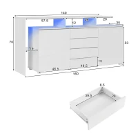 LED-Credenza, 2 ante, 4 cassetti e vano in vetro, 160x35x70 cm, Bianco(m-3)