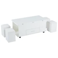 Tavolino multiuso con 4 sgabelli nascosti, 100x50x45 cm, Bianco(m-6)
