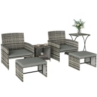 Outsunny 6 Piece Rattan Garden Furniture, Space-Saving Patio Furniture Set with Nesting Tables, Chairs, Stools, Cushions, Grey(m-10)