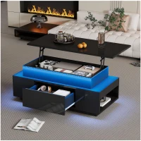 Tavolino da salotto regolabile in altezza con illuminazione LED, sollevamento idraulico e spazio a scomparsa, 96x45x40 cm, Nero(m-1)