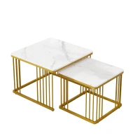 Set 2 tavolini quadrati da salotto con piedini regolabili, 60x60x45 cm/45x45x40 cm, Bianco(m-6)