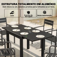 Outsunny Mesa de Jantar Exterior Extensível 80/160 cm para 4-6 Pessoas de Alumínio com Tampo de Ripas Efeito Madeira Preto(m-5)