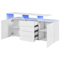 LED-Credenza, 2 ante, 4 cassetti e vano in vetro, 160x35x70 cm, Bianco(m-6)