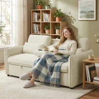 HOMCOM Canapé convertible 2 places 3 en 1, canapé-lit clic clac en chenille avec dossier réglable, porte-gobelets, beige(m-2)