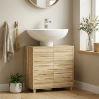 HOMCOM Móvel para Lavatório, Recorte em U, Portas com Ripas, Prateleira Ajustável, Abertura por Pressão, 60x30x60cm, Natural(m-2)