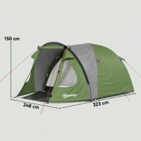 Outsunny Tente de Camping pour 4 Personnes, 2 Chambres, Fenêtres et Portes, Tapis de Sol, Crochet au Plafond, 323x248x150cm, Vert(m-3)