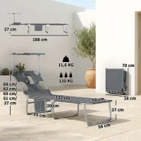 Outsunny Conjunto de 2 Espreguiçadeiras Dobráveis com Dossel 360° Encosto 5 Posições Orifício Facial 188x56x27 cm Cinza Escuro(m-3)
