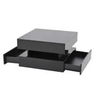 Tavolino da salotto regolabile in altezza a LED, 2 cassetti e spazio portaoggetti, 65x65x38.5 cm, Nero(m-7)