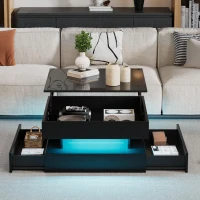 Tavolino da salotto regolabile in altezza a LED, 2 cassetti e spazio portaoggetti, 65x65x38.5 cm, Nero(m-4)
