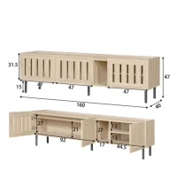 Mobile basso con ante a lamelle, foro passacavi e gambe in metallo, 160x40x47 cm, Color legno(m-3)