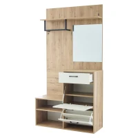 Mobile guardaroba con specchio e panca portascarpe, cassetto, 2 ante ribaltabili e 2 ripiani semiaperti, 100x38.5x190 cm, Bianco e Color legno(m-8)