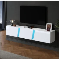 Mobile TV montato a parete con striscia LED, design sospeso, 180x35x30 cm, Bianco(m-1)