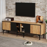 Mobile TV basso con 4 ripiani e 7 piedini, 160x36.5x45 cm, Color legno e Nero(m-1)