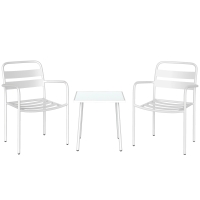 Outsunny Conjunto de Jardín Exterior de 3 Piezas de Acero Galvanizado con 2 Sillas y Mesa de Vidrio Templado Blanco
