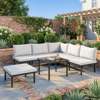 Outsunny Salon de jardin extérieur d'angle modulable 6 personnes, table basse avec plateau en verre trempé, gris clair(m-10)