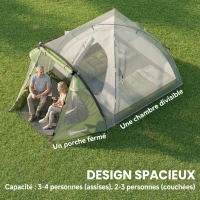 Outsunny Tente de Camping pour 4 Personnes, 2 Chambres, Fenêtres et Portes, Tapis de Sol, Crochet au Plafond, 323x248x150cm, Vert(m-4)