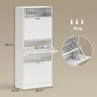 HOMCOM Wąska szafka na buty z 3 uchylnymi przegrodami, regulowanymi półkami i otwartą półką, miejsce na 12-18 par, biały(m-3)