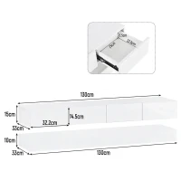 Lowboard per TV LED, montato a parete, quattro cassetti di uguale dimensione, 130x33x15 cm, Bianco(m-3)