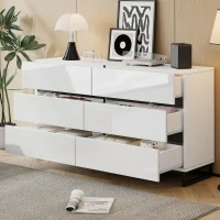 Madia per soggiorno con 6 cassetti, 3 gambe metalliche robuste, 140x39,5x78,5 cm, Bianco+Nero(m-5)