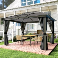 Outsunny 3 x 3.6m Hardtop Gazebo Canopy with Polycarbonate Roof, Aluminium Frame, Permanent Pavilion Garden Gazebo with Netting and Curtains for Patio, Deck, Dark Grey(m-8)