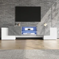Mobile TV basso con illuminazione LED Bluetooth, 4 ante e vano portaoggetti, 180x40x46.5 cm, Bianco e Grigio(m-4)