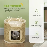 PawHut 37cm Cat Barrel Tower, Small Cat Tree for Indoor Cats with Plush Platform, Khaki(m-4)