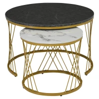 Set 2 tavolini annidati con struttura in metallo dorato, 70x70x45 cm / 45x45x40 cm, Grigio(m-8)