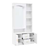 Mobile da ingresso multiuso con specchio e scarpiera, 2 cassetti e 2 ante, 90x40x180 cm, Bianco(m-6)
