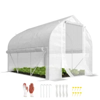Outsunny 3 x 2(m) Walk-in Polytunnel Greenhouse, Zipped Roll Up Sidewalls, Mesh Door, 6 Mesh Windows, Tunnel Warm House Tent with PE Cover, Complimentary Plant Labels and Gloves, White(m-10)