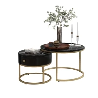 Set 2 tavolini moderni annidati in metallo effetto oro, 70x70x48 cm/50x50x43.5 cm, Nero(m-6)