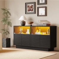 Credenza con illuminazione LED, frontale in vetro scorrevole dal movimento fluido, 130x35x68 cm, Nero(m-1)