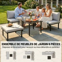 Outsunny Salon de jardin extérieur d'angle modulable 6 personnes, table basse avec plateau en verre trempé, gris clair(m-4)