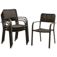Outsunny Conjunto de 4 Cadeiras de Jardim Exterior Empilháveis com Apoios de Braços Encosto e Estrutura de Aço 55x60x83 cm Castanho Escuro(m-10)