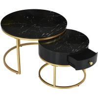 Set 2 tavolini moderni annidati in metallo effetto oro, 70x70x48 cm/50x50x43.5 cm, Nero(m-7)