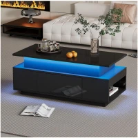 Tavolino da salotto regolabile in altezza con illuminazione LED, sollevamento idraulico e spazio a scomparsa, 96x45x40 cm, Nero(m-5)