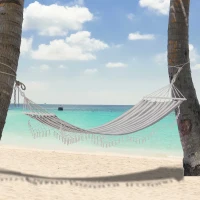 Outsunny Cama Rede de Jardim 200x100 cm Rede Suspensa com Travessas de Madeira para Pátio Varanda Campismo Creme e Cinza(m-7)