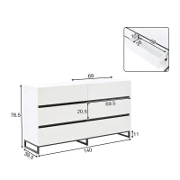 Madia per soggiorno con 6 cassetti, 3 gambe metalliche robuste, 140x39,5x78,5 cm, Bianco+Nero(m-3)