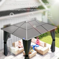 Outsunny 3 x 3.6m Hardtop Gazebo Canopy with Polycarbonate Roof, Aluminium Frame, Permanent Pavilion Garden Gazebo with Netting and Curtains for Patio, Deck, Dark Grey(m-4)