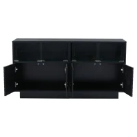 Credenza con illuminazione LED, frontale in vetro scorrevole dal movimento fluido, 130x35x68 cm, Nero(m-7)