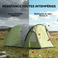Outsunny Tente de Camping pour 4 Personnes, 2 Chambres, Fenêtres et Portes, Tapis de Sol, Crochet au Plafond, 323x248x150cm, Vert(m-5)