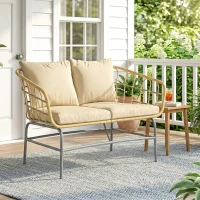 Outsunny Divano da Giardino 2 Posti in Resina Intrecciata con Cuscini Spessi, Antiscivolo, 120x67x79 cm, Marrone(m-2)