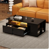 Tavolino da salotto a LED a 2 cassetti con ripiani semiaperti, 100x50x35 cm, Nero(m-1)