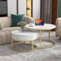 Set 2 tavolini moderni annidati in metallo effetto oro, 70x70x48 cm/50x50x43.5 cm, Bianco(m-1)