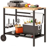 Outsunny Carrinho de Churrasco de 2 Níveis Mesa Auxiliar para Churrasco Móvel com Rodas Porta-bebidas Ganchos Pega Preto e Castanho(m-11)