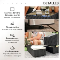 Outsunny Conjunto de Muebles de Ratán de Jardín Sofá de 3 Plazas Taburete y Mesa de Centro con Encimera de Cristal Negro(m-6)