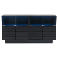 Credenza con illuminazione LED, frontale in vetro scorrevole dal movimento fluido, 130x35x68 cm, Nero(m-2)