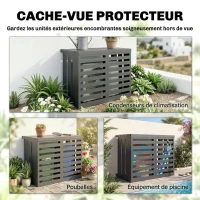 Outsunny Cache Climatiseur Exterieur, Housse Climatiseur à Lattes pour Unité Extérieur, Acier Galvanisé, 100x50x80cm, Gris Foncé(m-4)