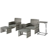 Outsunny 6 Piece Rattan Garden Furniture, Space-Saving Patio Furniture Set with Nesting Tables, Chairs, Stools, Cushions, Grey(m-11)