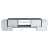 Mobile TV basso con illuminazione LED Bluetooth, 4 ante e vano portaoggetti, 180x40x46.5 cm, Bianco e Grigio(m-9)