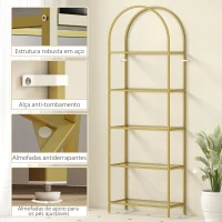 HOMCOM Estante de Vidro de 5 Níveis Estante de Arrumação Estrutura Arqueada Estante Estreita 60x30x175 cm Dourado(m-5)